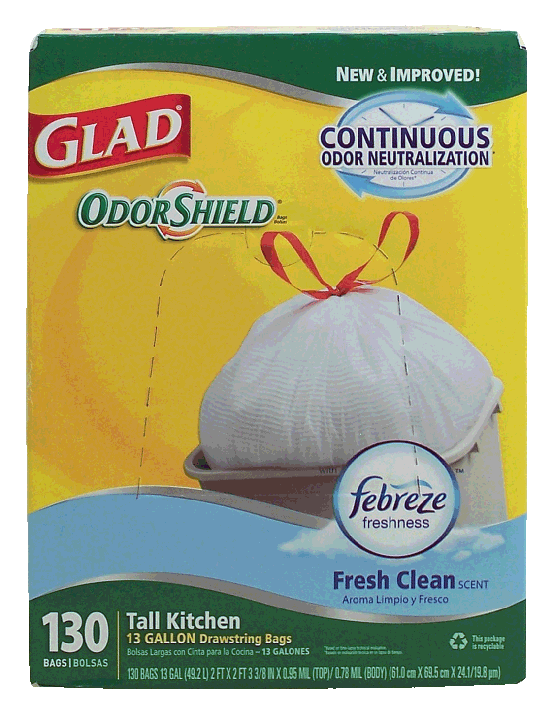 Glad Odor Sheild tall kitchen, 13 gallon drawstring bags with febreze fresh clean scent Full-Size Picture